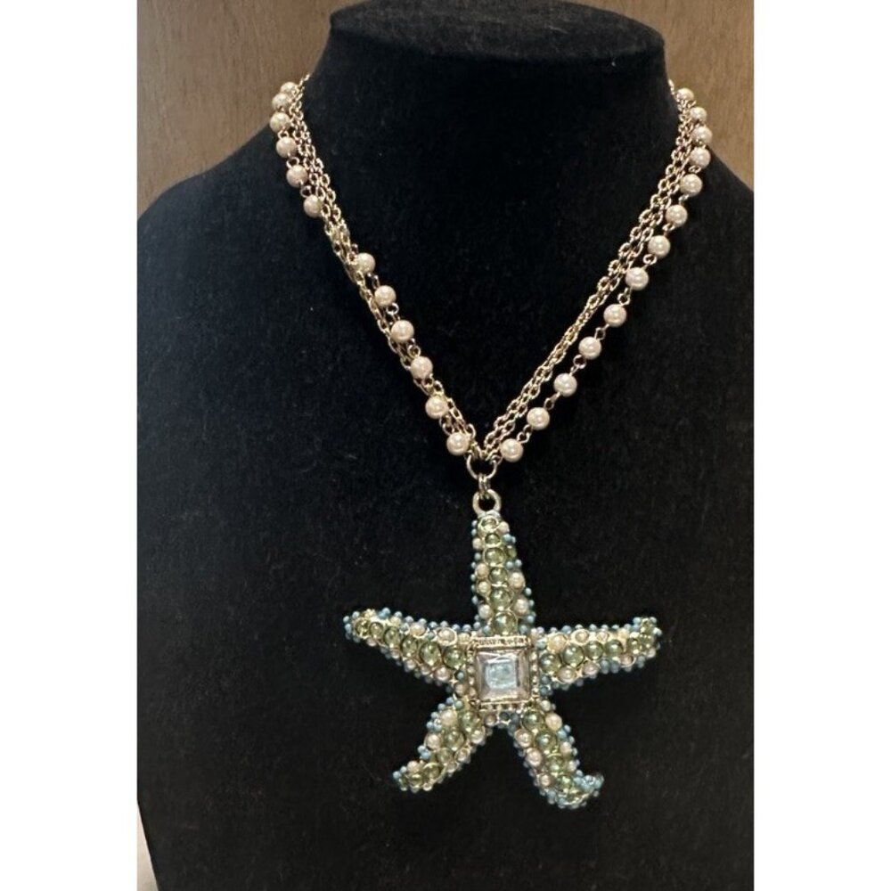 Chicos  Pave Rhinestone Starfish Pendant Necklace Pearl Beaded Beach Tropical